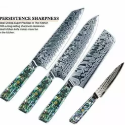**Awabi Complete Kitchen Knife 4 Pc Set - With Abalone In Resin Handles And Mosaic Pin - AUS-10 Damascus Steel