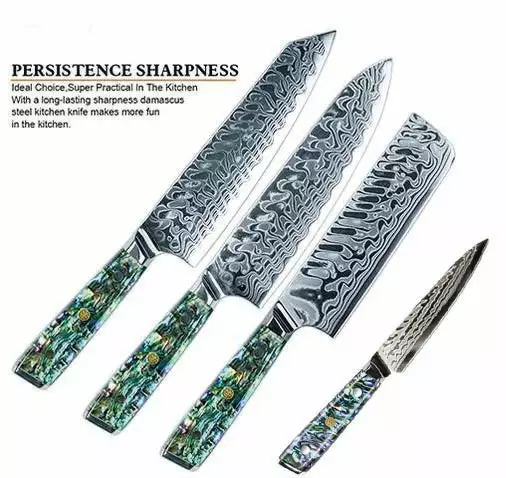 **Awabi Complete Kitchen Knife 4 Pc Set - With Abalone In Resin Handles And Mosaic Pin - AUS-10 Damascus Steel 1 **Awabi Complete Kitchen Knife 4 Pc Set - With Abalone In Resin Handles And Mosaic Pin - AUS-10 Damascus Steel