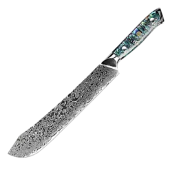Awabi Butcher Knife II - Complete Knife With Abalone In Resin Handles And Mosaic Pin - AUS-10 Damascus Steel