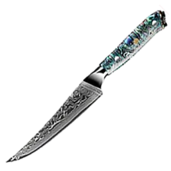 Awabi Steak Knife - Complete Knife With Abalone In Resin Handles And Mosaic Pin - AUS-10 Damascus Steel