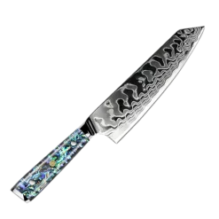 Awabi Kiritsuke Knife - Complete Knife With Abalone In Resin Handles And Mosaic Pin - AUS-10 Damascus Steel