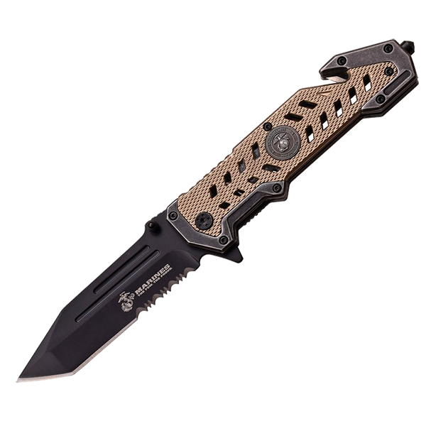 Marines Tanto Blade Desert Tan Knife Limited Edition - Black Blade 4.00" Edge 1/2 Serrated - Mtech USA #2SW 1 Marines Tanto Blade Desert Tan Knife Limited Edition - Black Blade 4.00" Edge 1/2 Serrated - Mtech USA #2SW