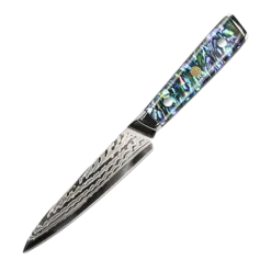 Awabi Utility Knife - Complete Knife With Abalone In Resin Handles And Mosaic Pin - AUS-10 Damascus Steel