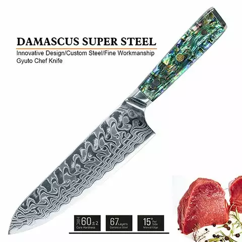 Awabi Gyuto Chef Knife - Complete Knife With Abalone In Resin Handles And Mosaic Pin - AUS-10 Damascus Steel 4 Awabi Gyuto Chef Knife - Complete Knife With Abalone In Resin Handles And Mosaic Pin - AUS-10 Damascus Steel - Image 4