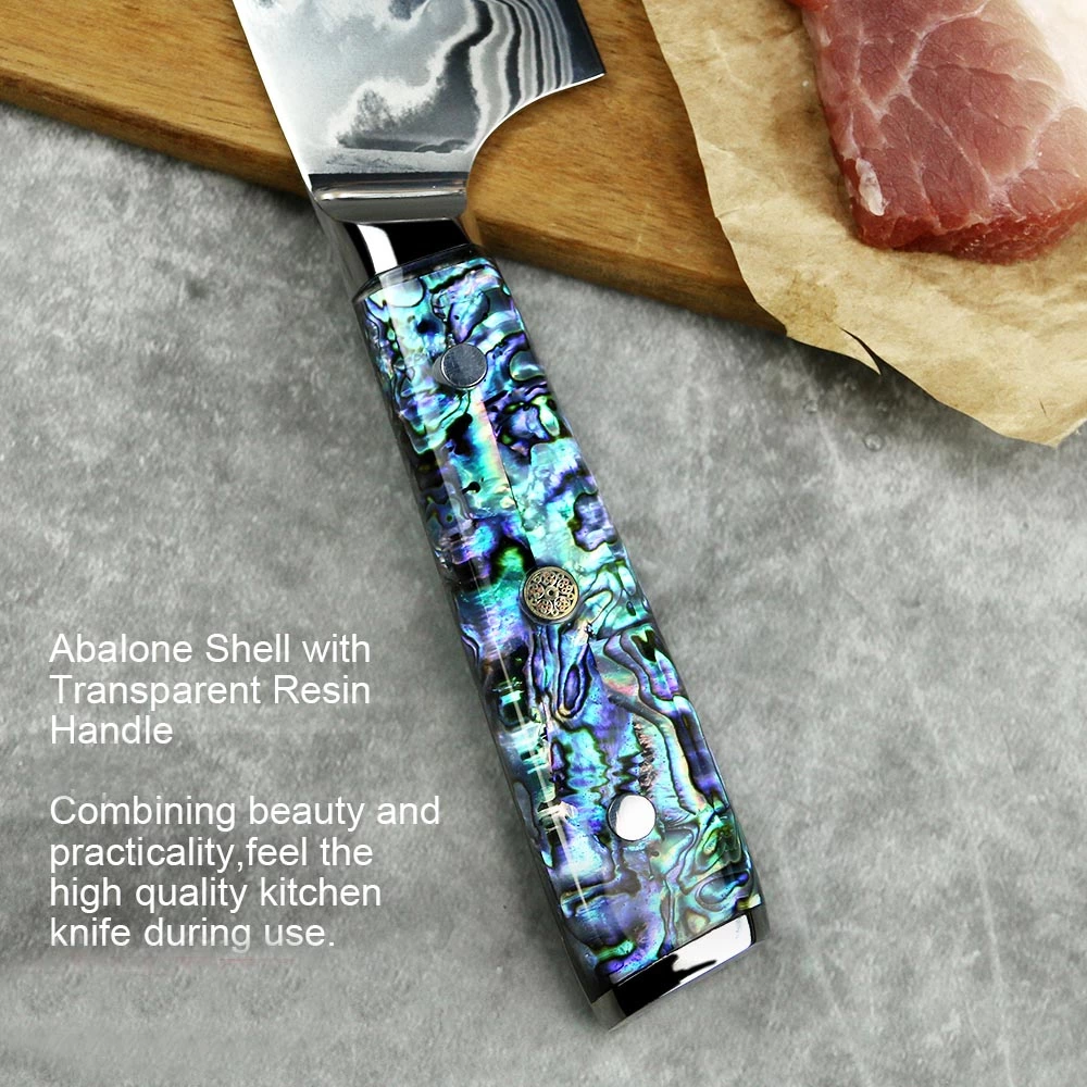 Awabi Gyuto Chef Knife - Complete Knife With Abalone In Resin Handles And Mosaic Pin - AUS-10 Damascus Steel 5 Awabi Gyuto Chef Knife - Complete Knife With Abalone In Resin Handles And Mosaic Pin - AUS-10 Damascus Steel - Image 5
