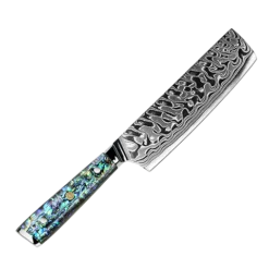 Awabi Nakiri Knife - Complete Knife With Abalone In Resin Handles And Mosaic Pin - AUS-10 Damascus Steel